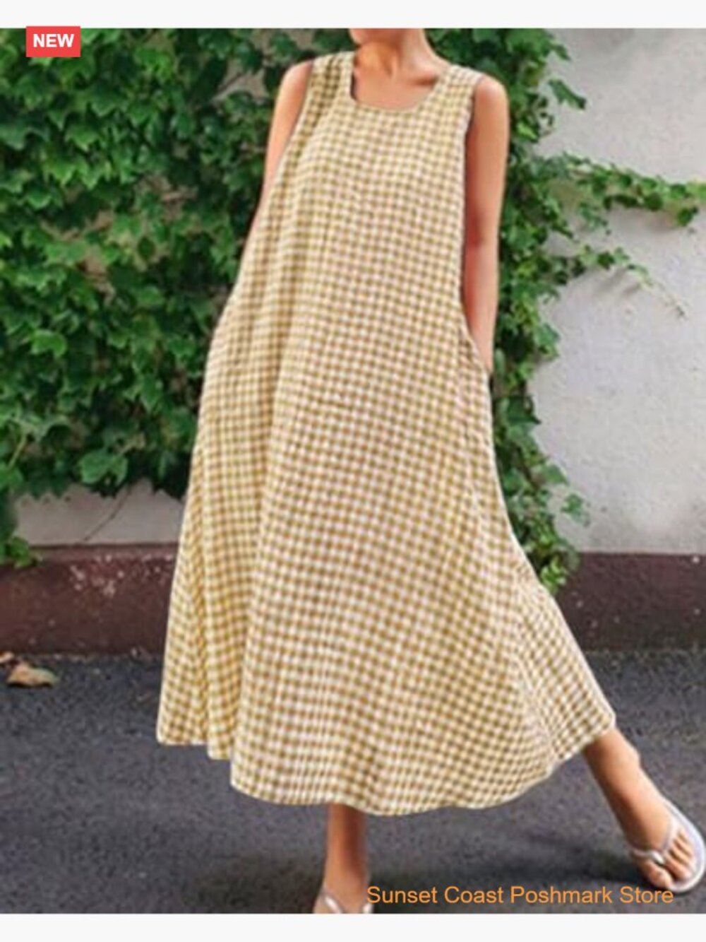 Women's Cotton Plaid Tank Maxi Dress with Pockets Loose Fit Sundress - Picture 2 of 3